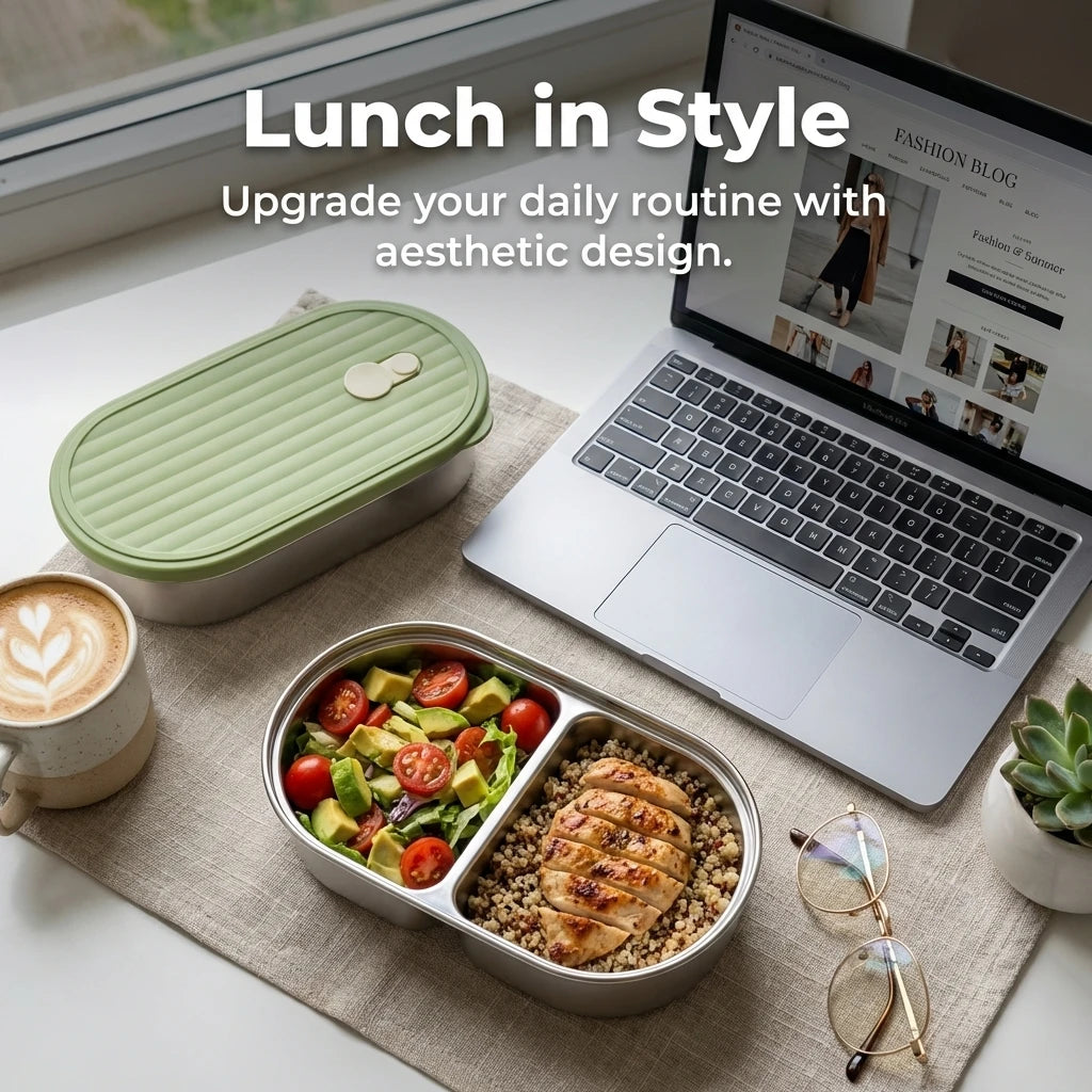 Microwaveable 304 Stainless Steel Bento Box Oval Divided Lunch Box 2 Grids Food Storage Container For Kids Students School