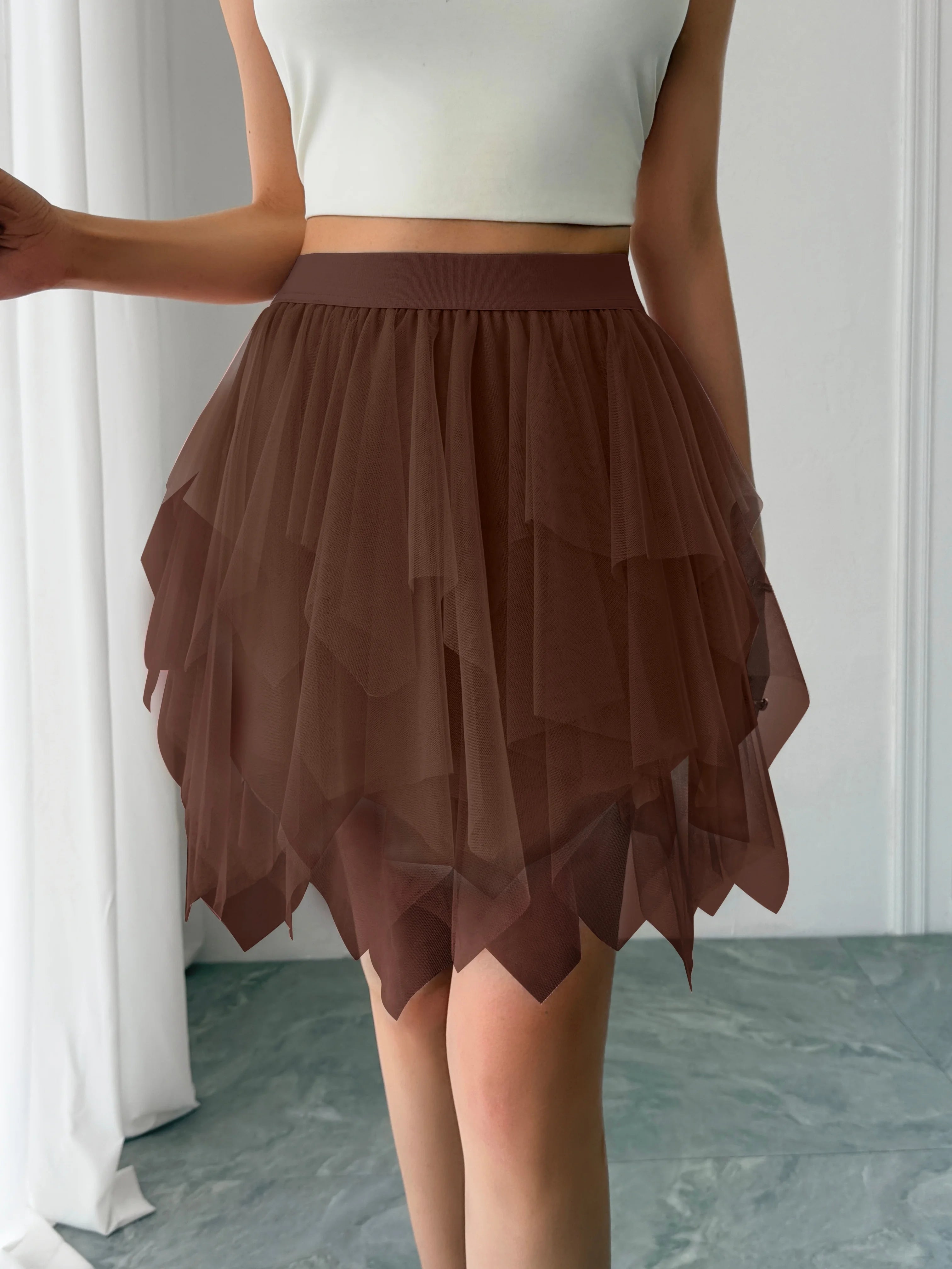 Women's mid waist chiffon mini skirt summer casual asymmetrical hem layered ruffle A-line skirt holiday sweet fairy skirt