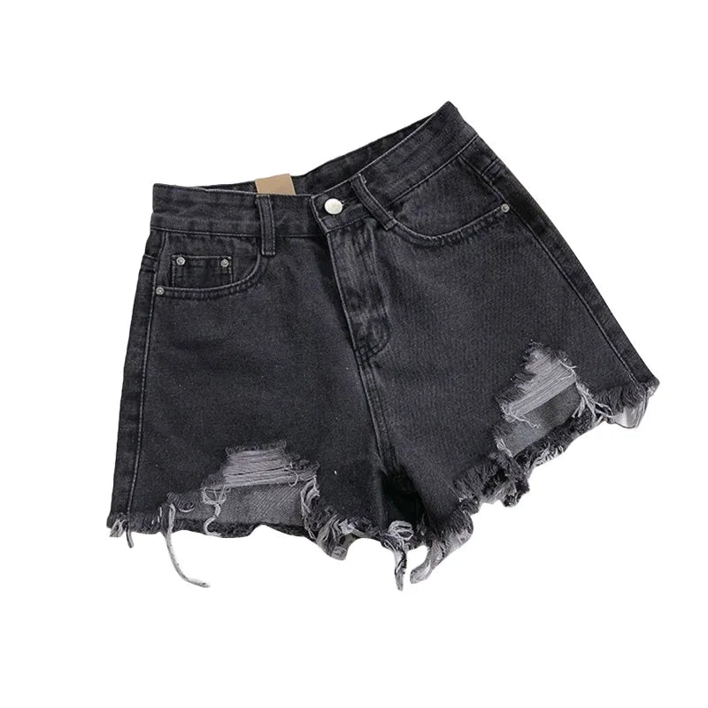 Women High Waist Ripped Denim Shorts Korean Y2K Streetwear Tassel Pocket Summer Casual Blue Jeans Pants Fashion Street Trousers