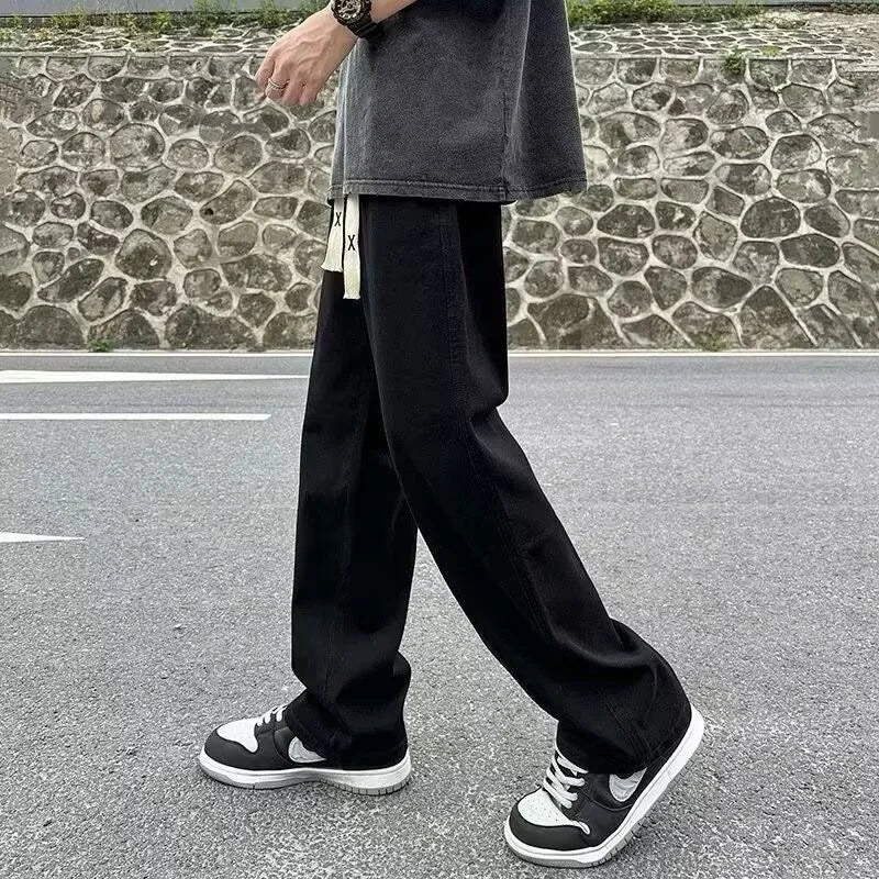 Black Vintage Men Jeans Spring Trend Straight Elastic Waist Wide Leg Denim Pants Male Daily High Street Comfortable Trousers