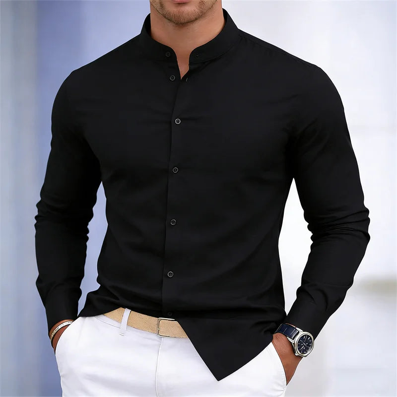 Men's stand-up collar white or black long-sleeved shirt, solid color shirt, slim fit business casual men's top, sizes XS-6XL.