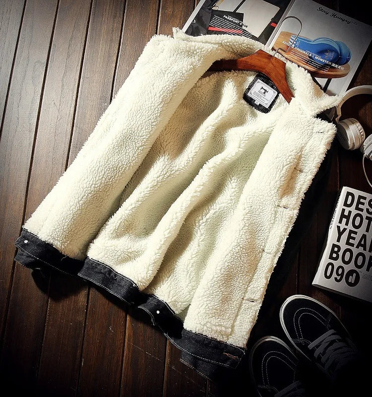 Autumn Winter Fleece Denim Jacket Men's Slim Thick Sherpa Casual Outerwear