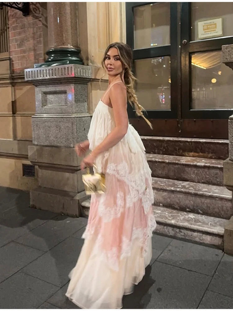 Romantic White Pink Tiered Lace Maxi Dress Spaghetti Straps Cross Back Tie Closure Flowy Skirt Women Date Party Vacation Outfit