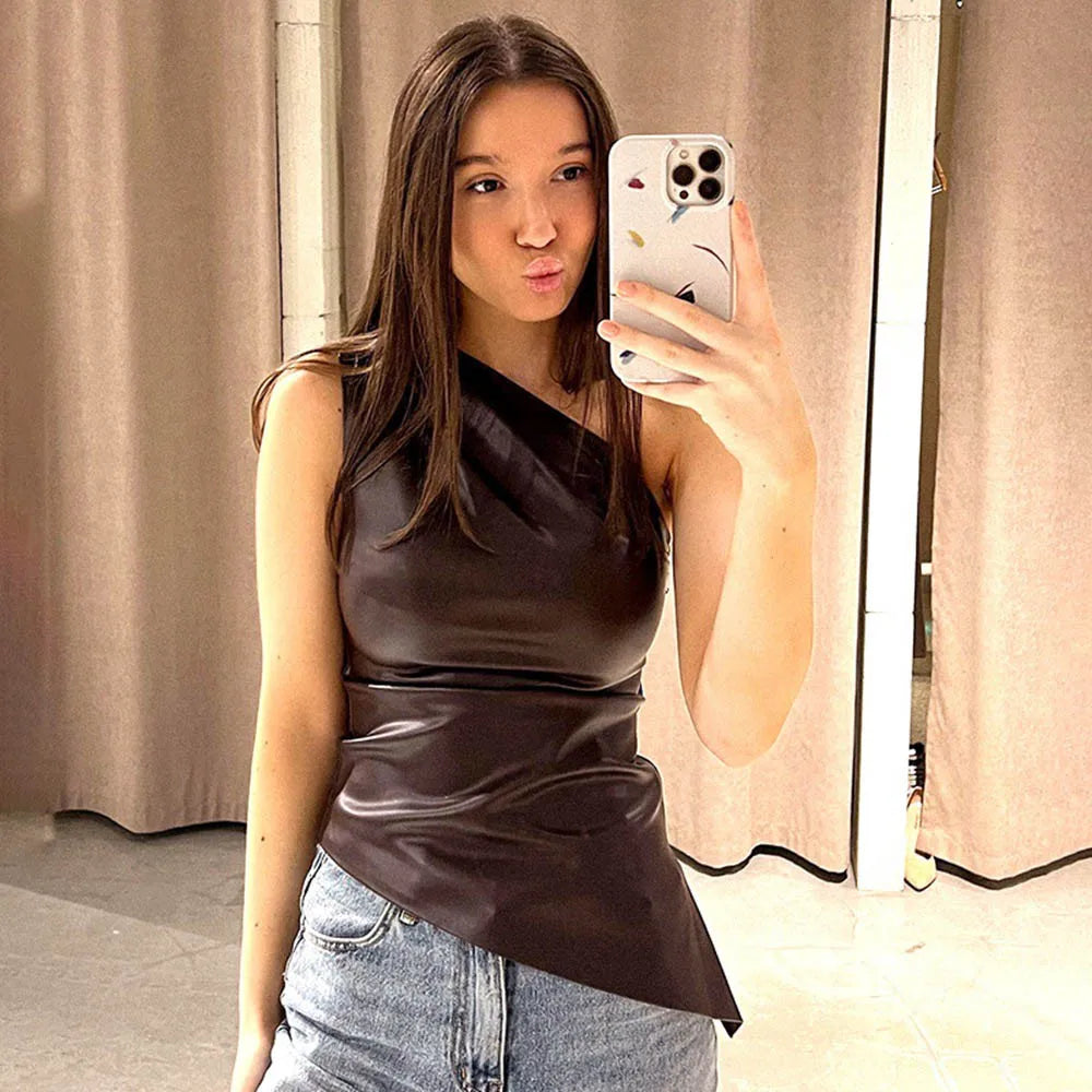 Pure Color Slim One-Shoulder Sleeveless Jacket with Slanting Collar And Zipper for Women Fall Winter 2025 Fashion Show Thin