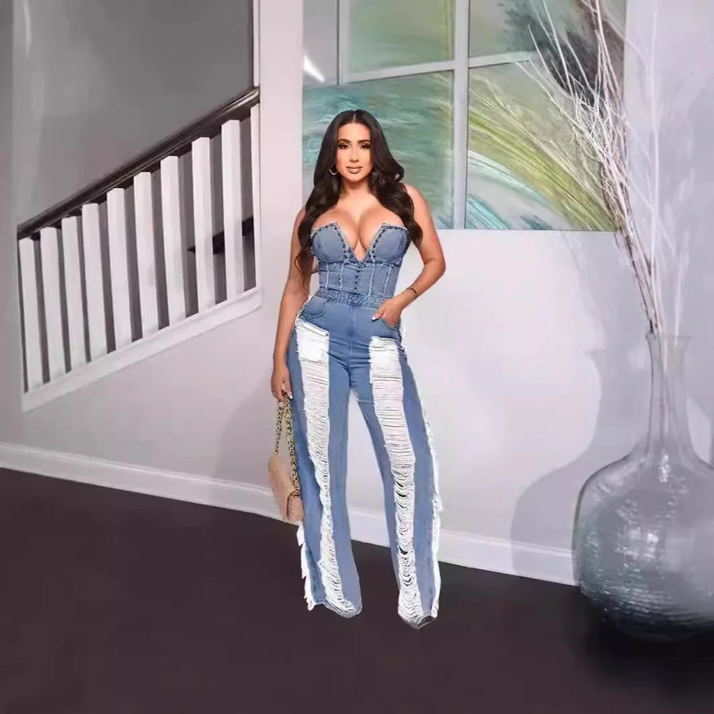 Tassel Hollow Out Overalls For Women Studded Diamond Strapless Backless Jeans Street Fashion Trend Jumpsuite Femme