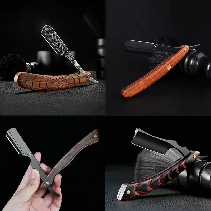 wooden trimmer manual shaver professional straight edge stainless steel sharp barber razor folding shaving blade shave beard cut