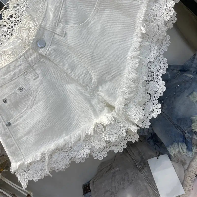 Light Blue Denim Shorts For Women High Waisted Raw Hem Lace Patchwork Petite Shorts Summer Casual Slim Fit Hot Pants