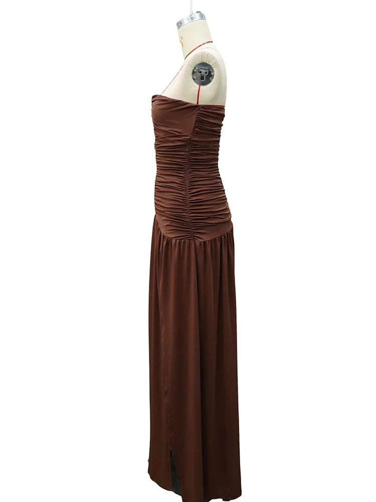 Rinabe Deep V Neck Strapless Maxi Dress Chic Solid Off-shoulder Backless Split Elegant Evening Dress Women Chic Slim Dresses