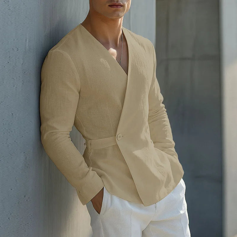 INCERUN Men Shirt Solid Color V Neck Long Sleeve One Button Male Shirts Streetwear 2025 Autumn Cotton Casual Men Clothing S-5XL