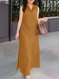 2025 Summer Sleeveless Sundress ZANZEA Women Long Dress Elegant Work OL Dresses Casual Lapel Neck Solid Vestidos Split Hem Robe