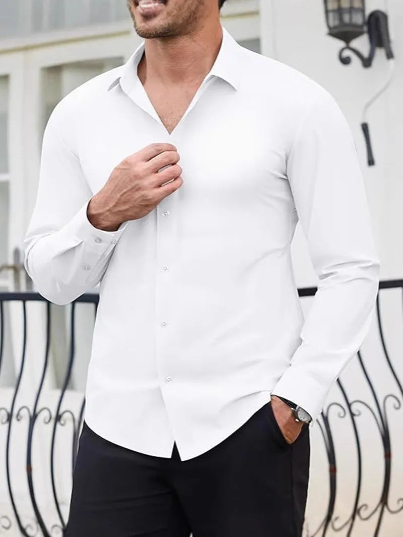 High Elastic Seamless Shirts Men Long Sleeve Muscle Sports Shirt European Size No Ironing Business Professional Workwear Causal