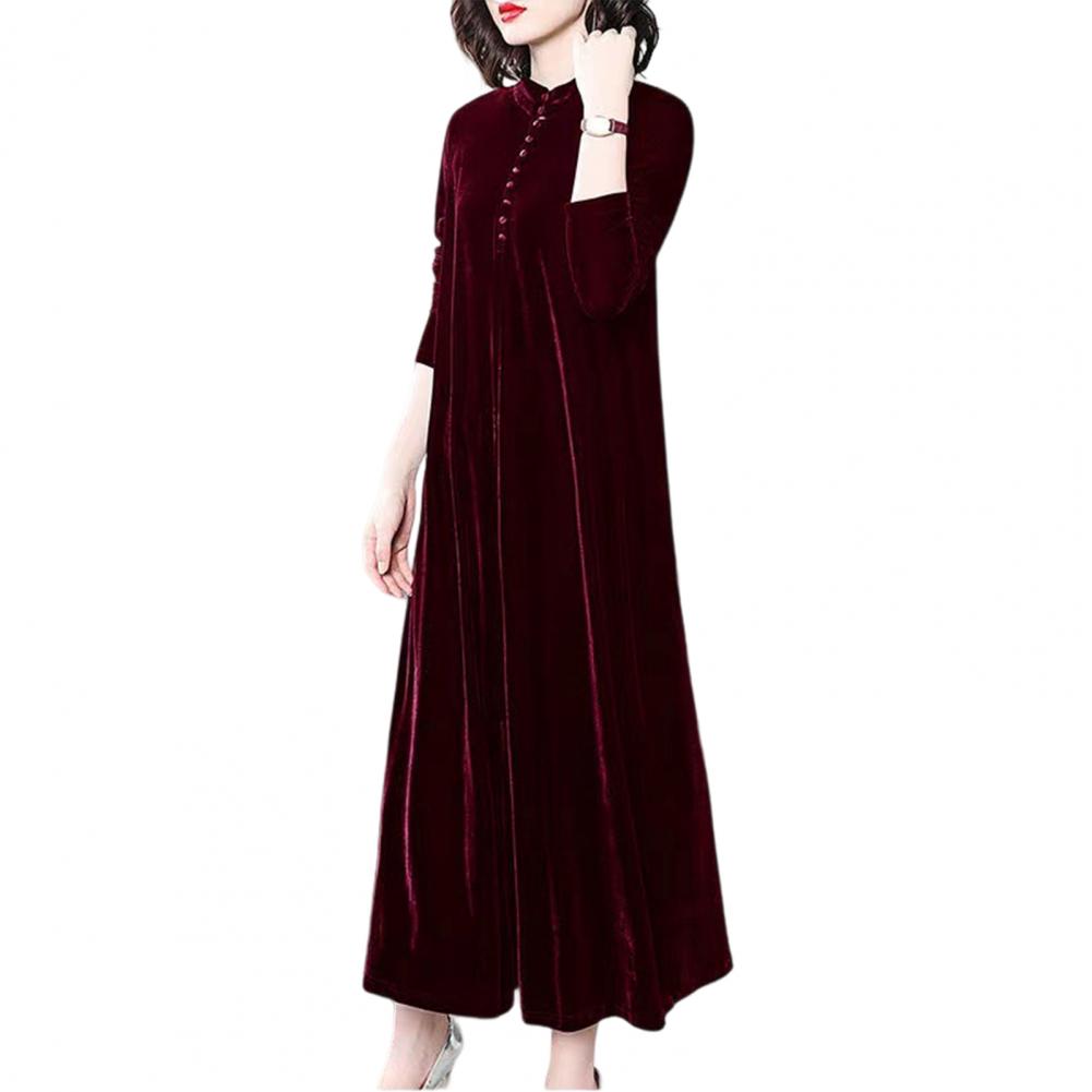 Women Fall Dress Solid Color Loose Long Sleeves Button Maxi Dress Keep Warm Velvet Mom Spring Dress Women Clothes