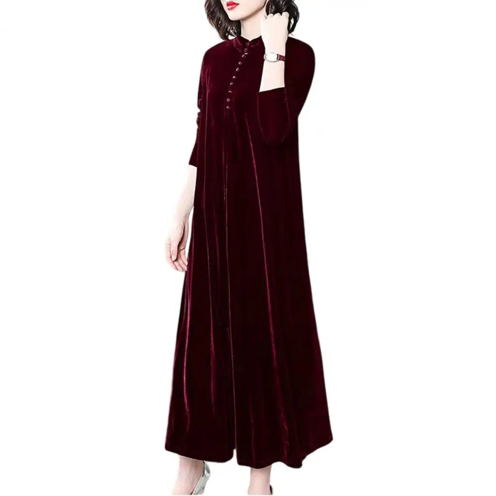 Women Fall Dress Solid Color Loose Long Sleeves Button Maxi Dress Keep Warm Velvet Mom Spring Dress Women Clothes