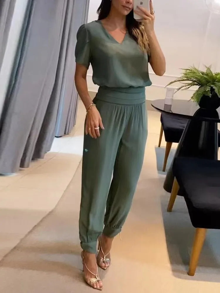 2025 New Long Pant Sets Summer Fashion Casual V-neck Print Short Sleeve Trousers Suit Two-piece Set 2 Piece Sets Women Outfit