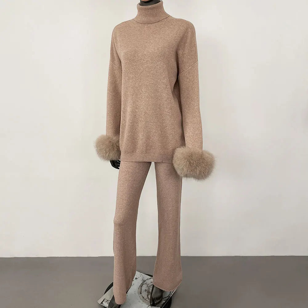 2024 New Fashion Autumn Winter Natural Real Fox Fur Cuffs Coat Knitted Sweater Women Long Pants Set Jacket Thick Warm
