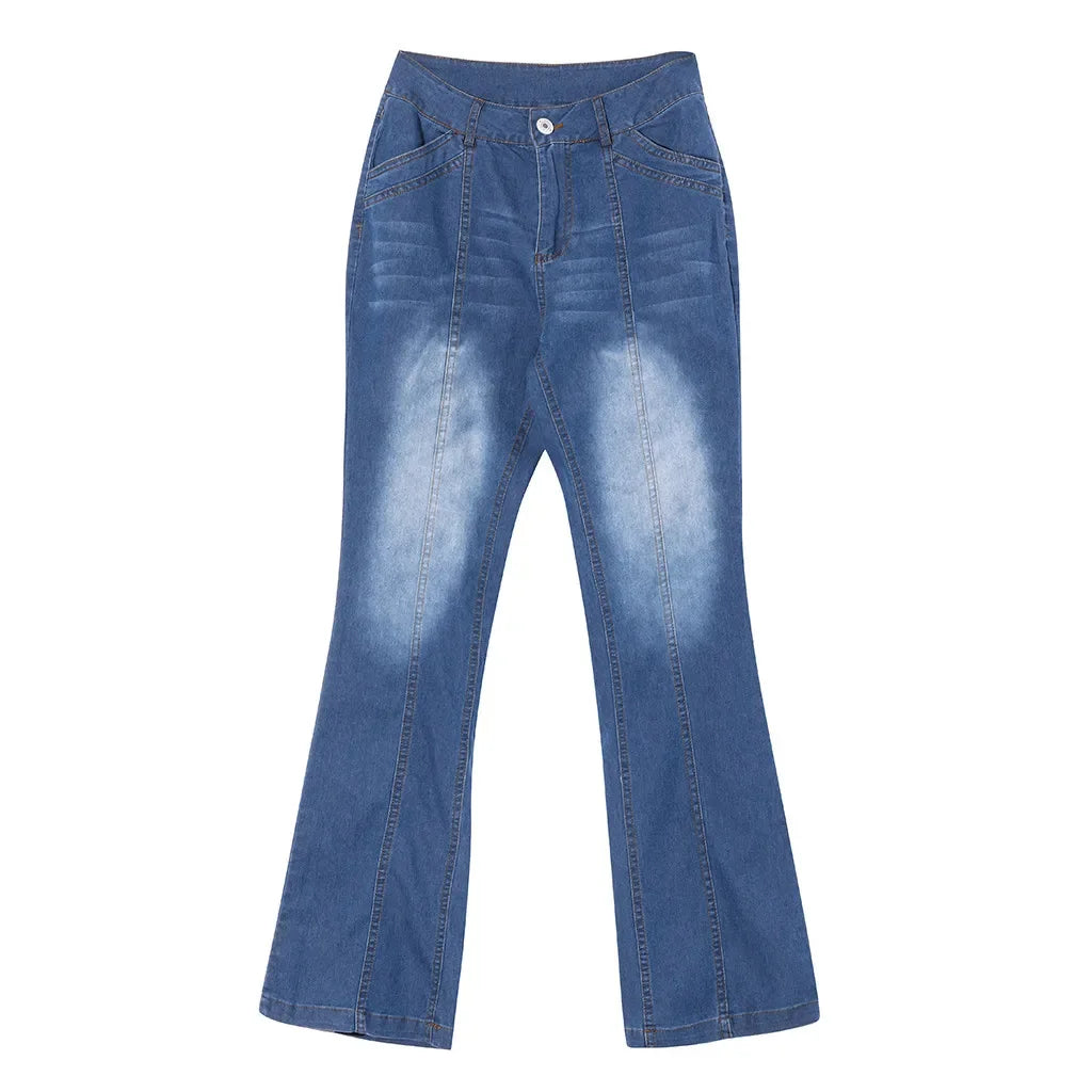 Women'S Jeans Denim Mid Waisted Denim Pants Embroidery Stretch Button Flare Pants Jeans 90s Vintage Clothes For Female