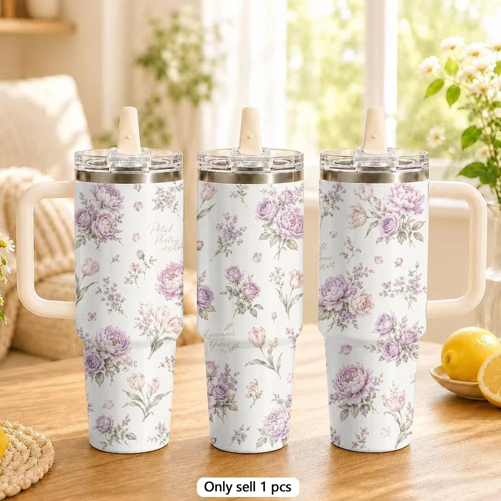 Vintage Floral Style Vacuum Flasks 40oz Stainless Steel Tumbler with Handle Straw Lid Vacuum Insulated Double Wall Leak Proof