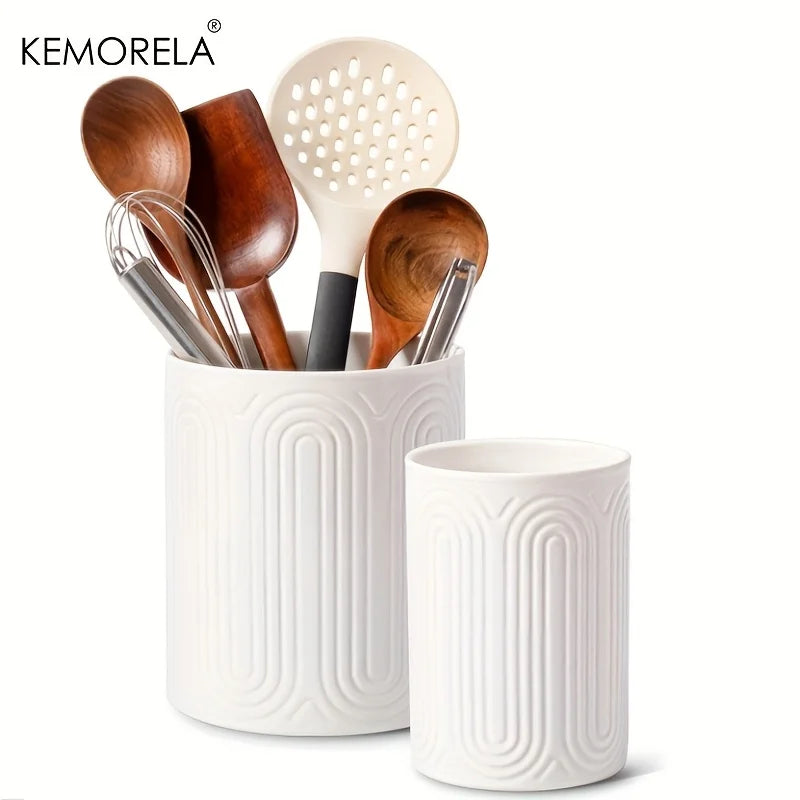 Ceramic Utensil Holder Organizer - Kitchen Countertop Storage Jar for Forks Spoons Knives, White Porcelain Canister, 1/2-Piece