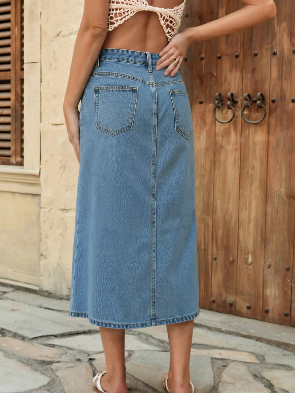 Women's Elegant Front-Button Elasticated Half Skirt Fashionable Style Elastic Waist Midi Skirt for Ladies
