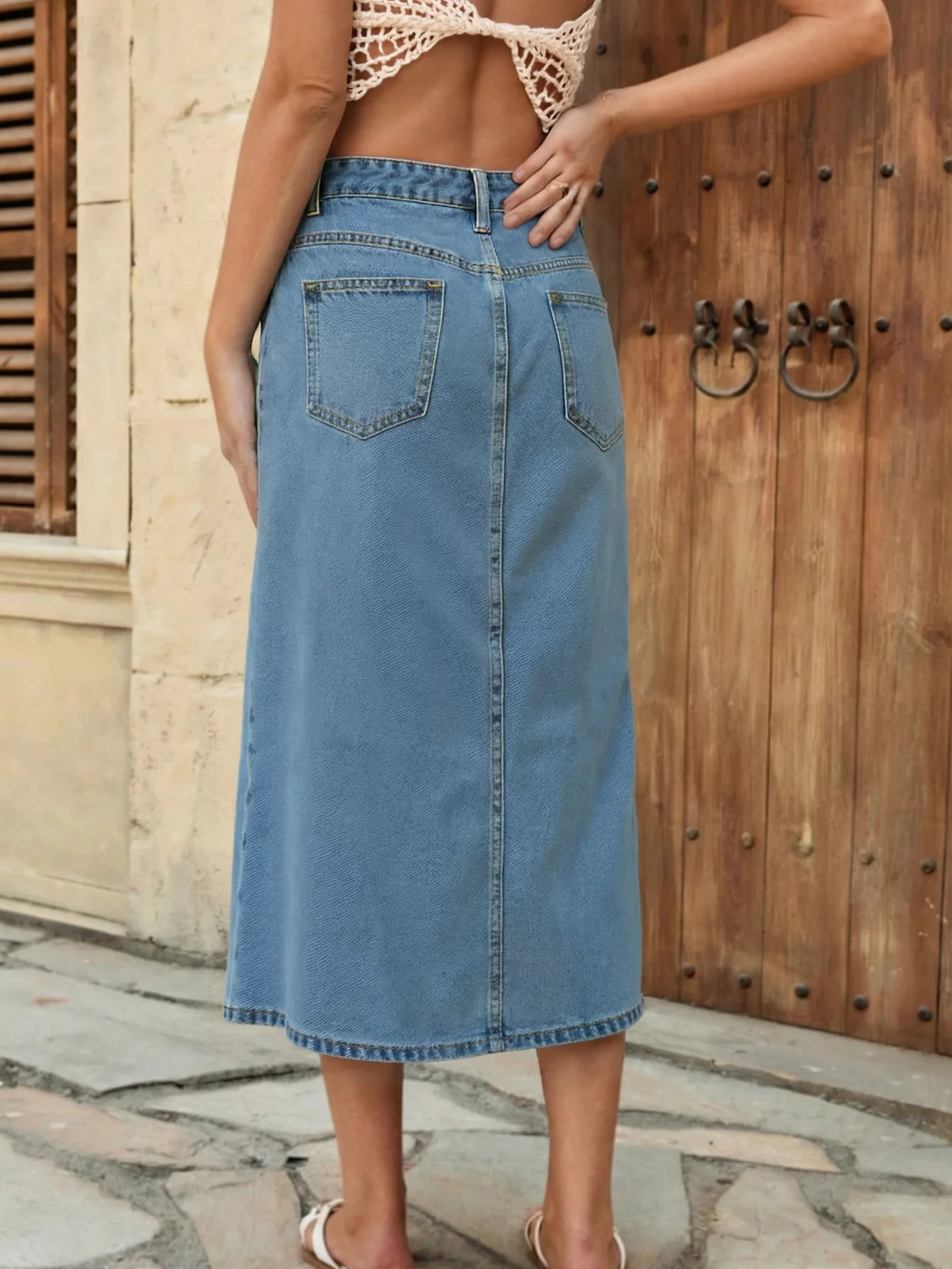 Women's Elegant Front-Button Elasticated Half Skirt Fashionable Style Elastic Waist Midi Skirt for Ladies
