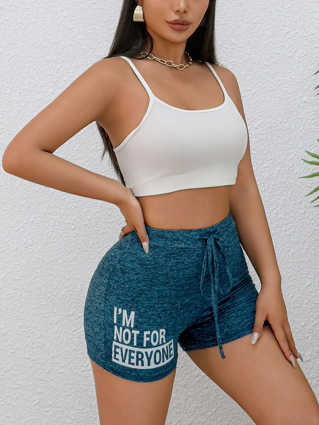 Womens Spring Summer High Waist Shorts Casual Sporty Blue Printed Drawstring Waist Slim Fit Lounge Daily Pants