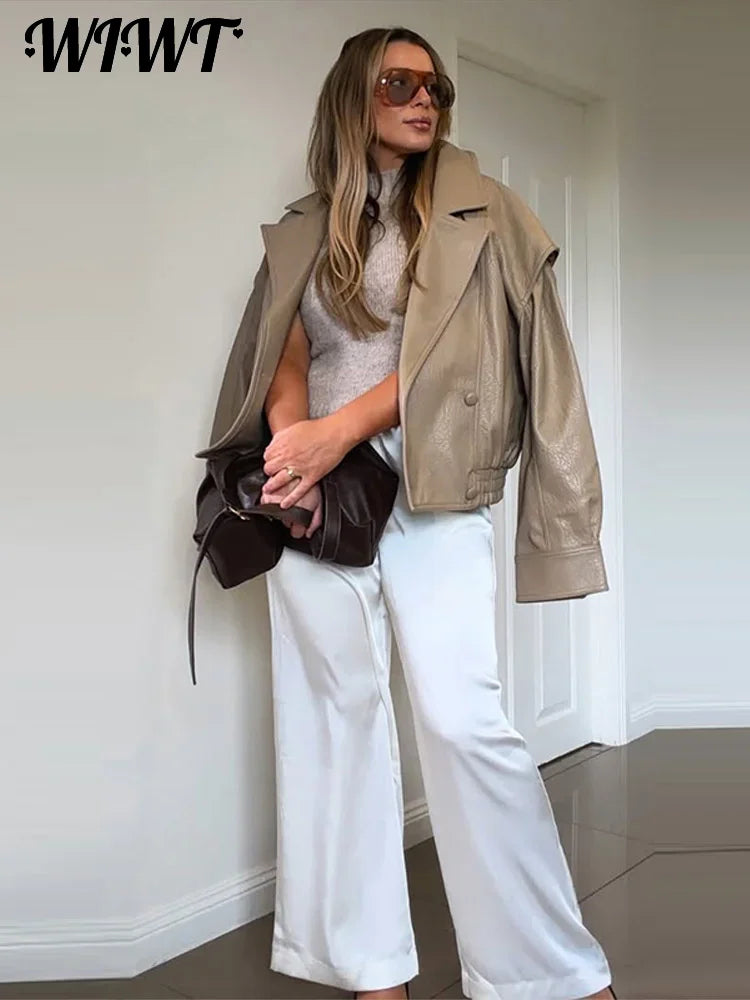 High Street Leather Jackets Women's Casual Double-breasted Turn Down Collar Loose Coats Elastic Waist 2026 Autumn New Outwear
