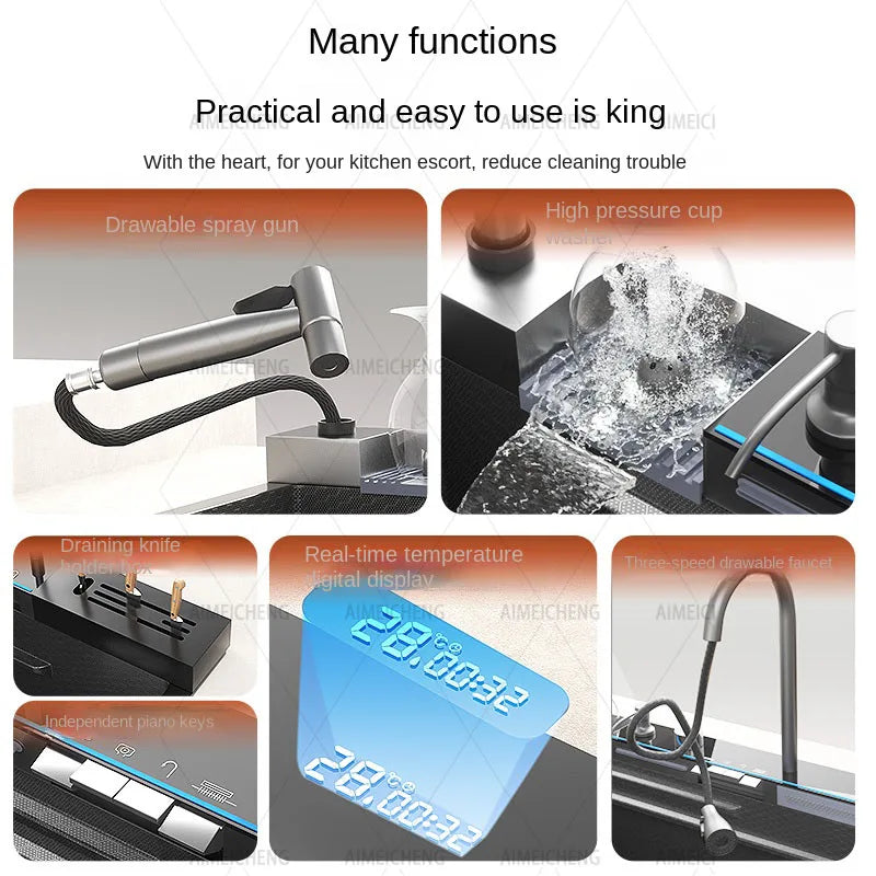 Hot Selling Stainless Steel Waterfall Kitchen Sink With Knife Holder Digital Display Faucet Set Embossed Extra Large Single Slot