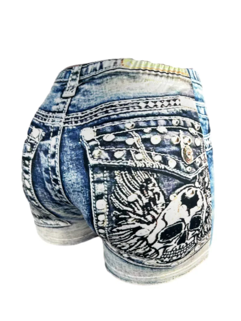 Women's Faux Denim Print High Stretch Slim Shorts, Versatile Yoga Shorts, Polyester Non-Denim Material