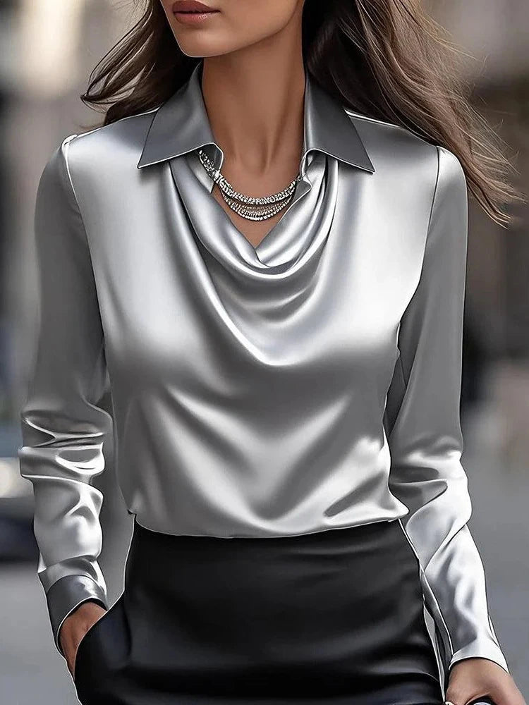 Women Long Sleeve Lapel V Neck Satin Blouse Elegant Solid Loose Shirt Spring Summer Simple Chic Offce Lady Tops Fake Silk Shirt
