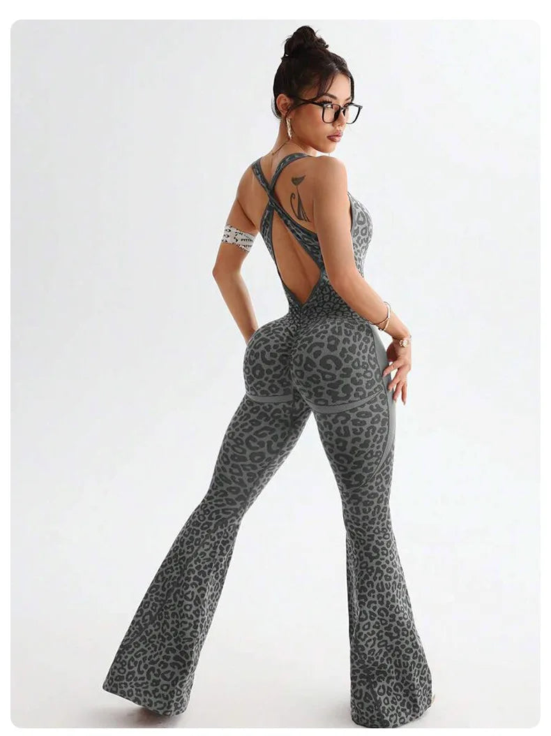 Seamless Leopard Yoga Jumpsuit with Pads Sport Clothes Bodysuit Sleeeless One-Piece Workout Clothes Gym Leggings Sportswear