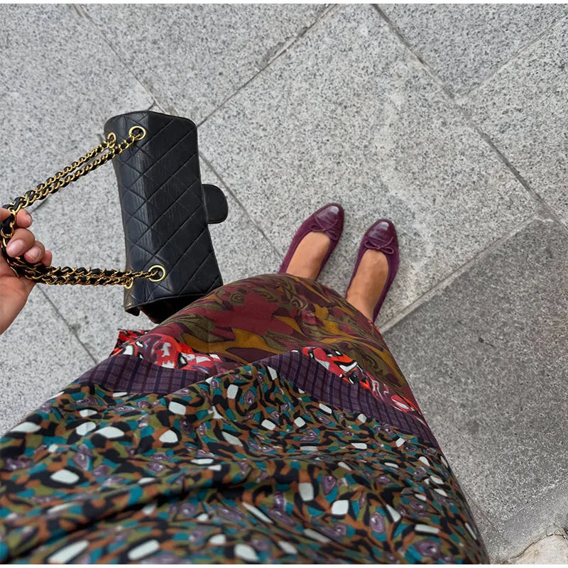 High Waist Wrap Tie Midi Skirt Color Block Abstract Floral Patchwork Print Flowy Satin Skirts 2026 Summer Holiday Boho Chic Wear