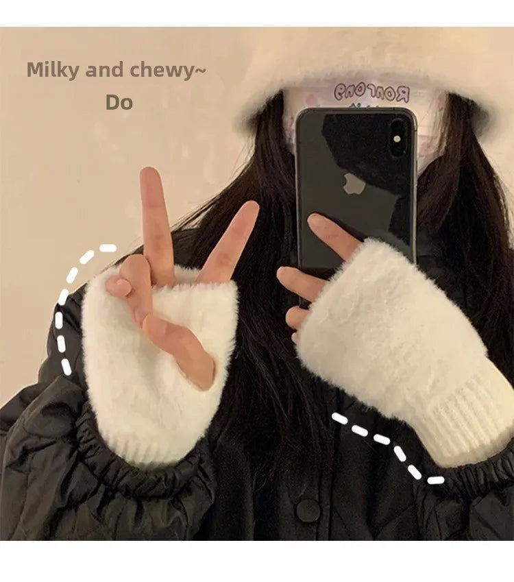 New Ins Style Half Finger Plush Gloves High Value Princess Warm Winter Touchscreen Gloves for Students in Class