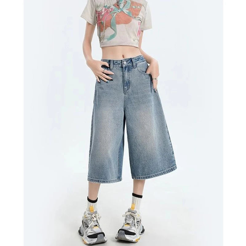 Women's Retro Casual Jeans  Summer New Wide-Leg Pants  High-Waisted Plus-Size Pear-Shaped Body-Camouflaging Straight Leg Pants