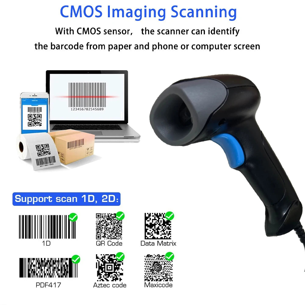 HBAPOS Wireless QR 1D 2D Barcode Scanner Wired Handheld Bar Codes Reader QR PDF417 for Supermarket Book Coffee Store