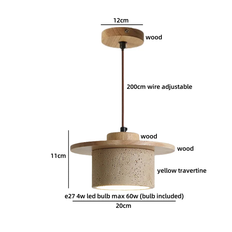 IWHD Yellow Travertine Stone LED Pendant Lamp Living Dining Room Table Inside Retro Wood Hanging Lights Fixture Lampara Colgante