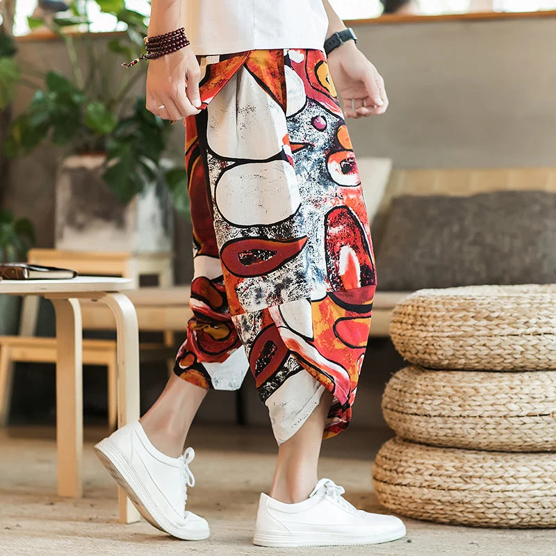 Men's Casual Cotton Linen Seven-Foot Pants Summer plus Size Lantern Loose Fit Shorts Harlan Style Comfortable Breathable Leis...