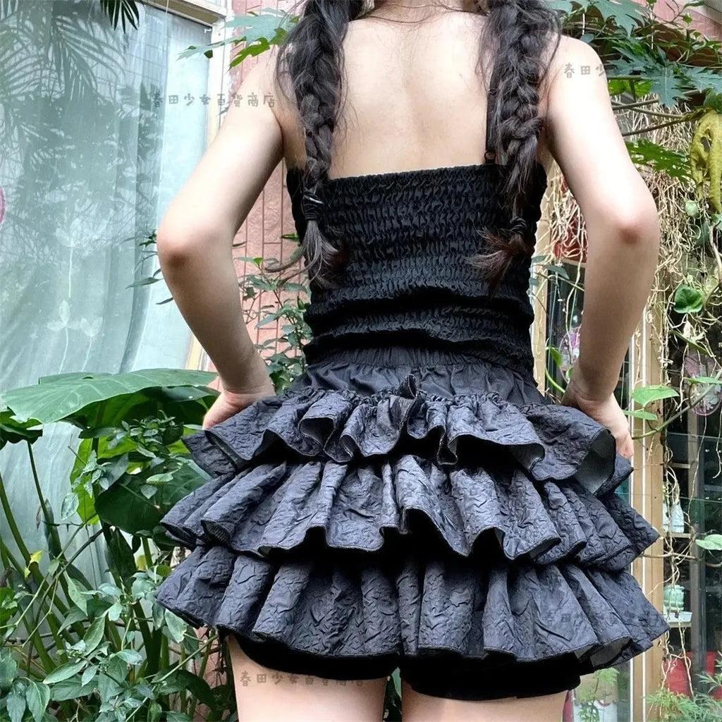 Kawaii Ball Gown Short Skirt Pleated Ruffles Layered High Waist Solid Mini Cake Skirts Lolita Girl Sweet Cute Elastic Waist  Y2K