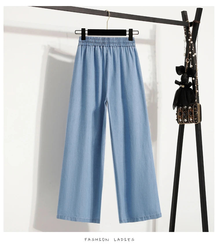 Women's Summer Slim Straight Leg Jeans Wide Leg Ice Silk Casual High Waist Trousers Cotton Polyester Blend No Ironing Needed