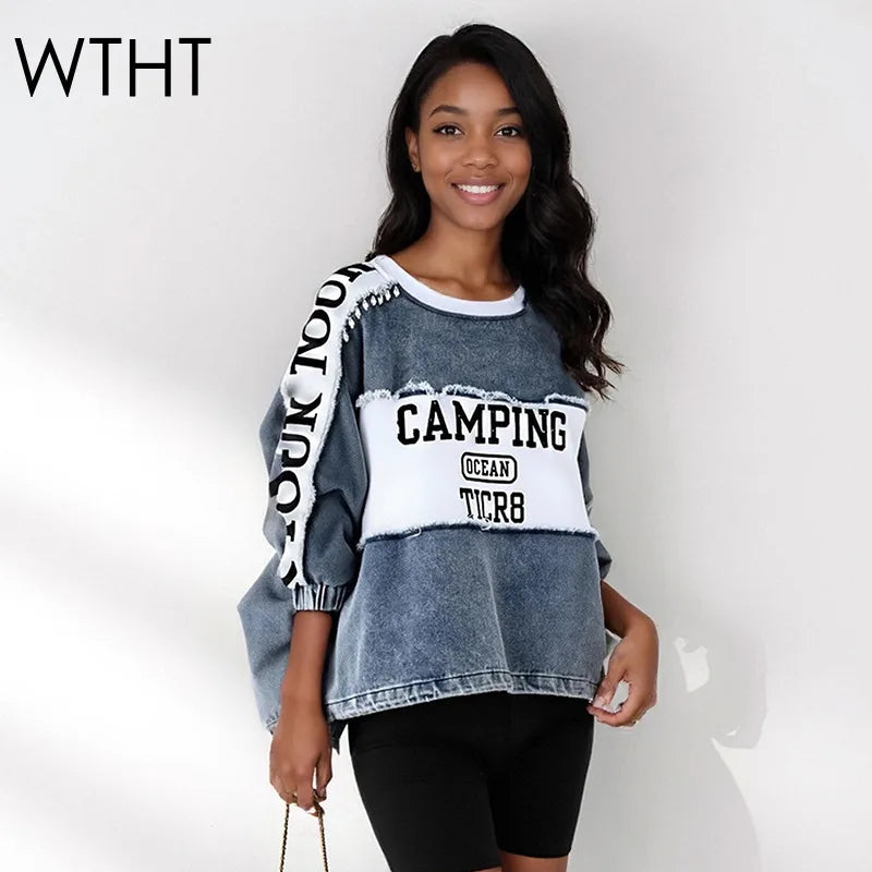 WTHT New Trendy Women's Heavy Industry Diamonds Patchwork Letter Print Sweatshirt 2025 Autumn O-neck Pullovers Female 1LS2533