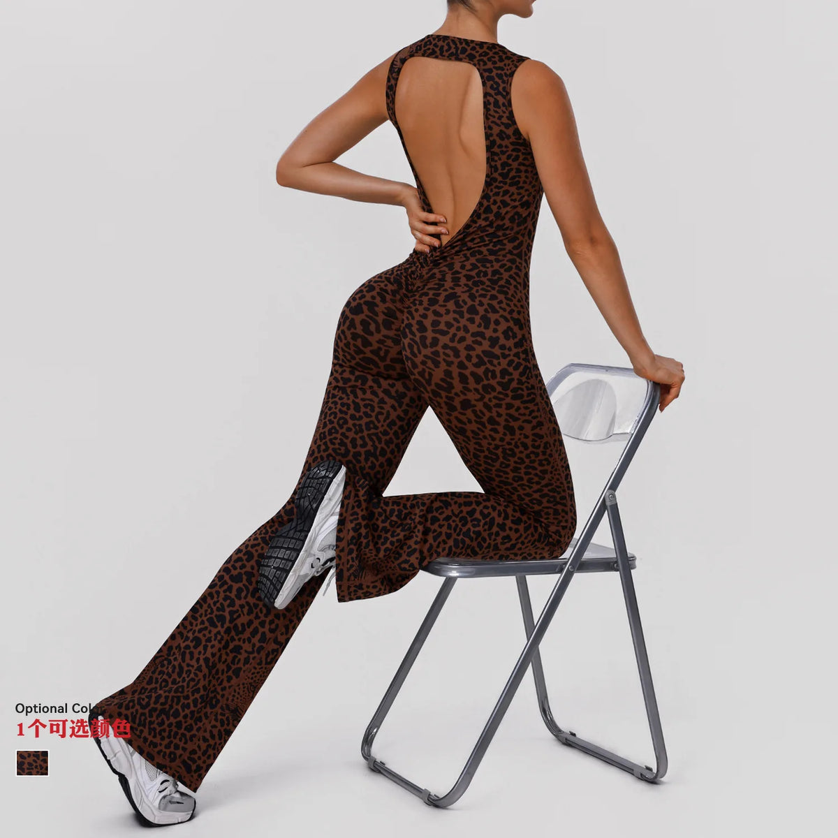 Greenora Leopard Print Yoga Jumpsuit Sleeveless Backless Flare Romper High Waist Slimming Athletic Bodysuit for Workout Fitness