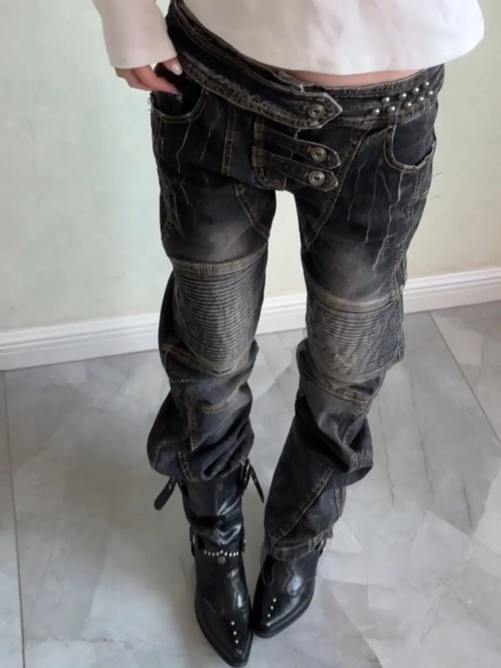 Women's Dark Academia Low Rise Stacked Jeans American Retro Denim Pants Y2k Abi Designer Skinny Jeans Harajuku Japanese Goblin
