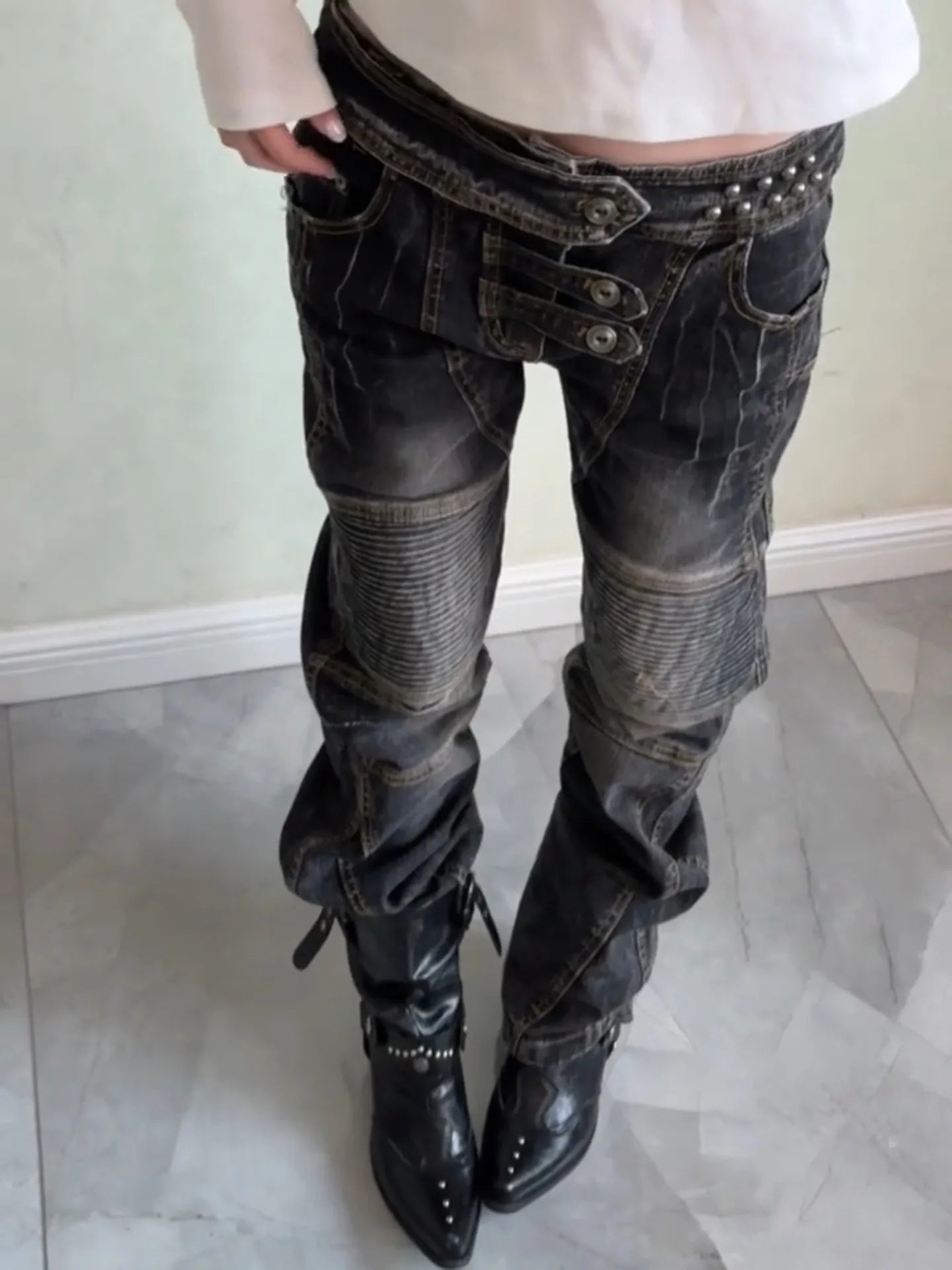 Women's Dark Academia Low Rise Stacked Jeans American Retro Denim Pants Y2k Abi Designer Skinny Jeans Harajuku Japanese Goblin