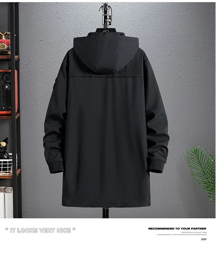 Big Size 9XL Men's Long Trench Coat Hood Fleece Thick Windbreaker Male Autumn Winter Lightweight Plus Large Oversize Hat Zipper