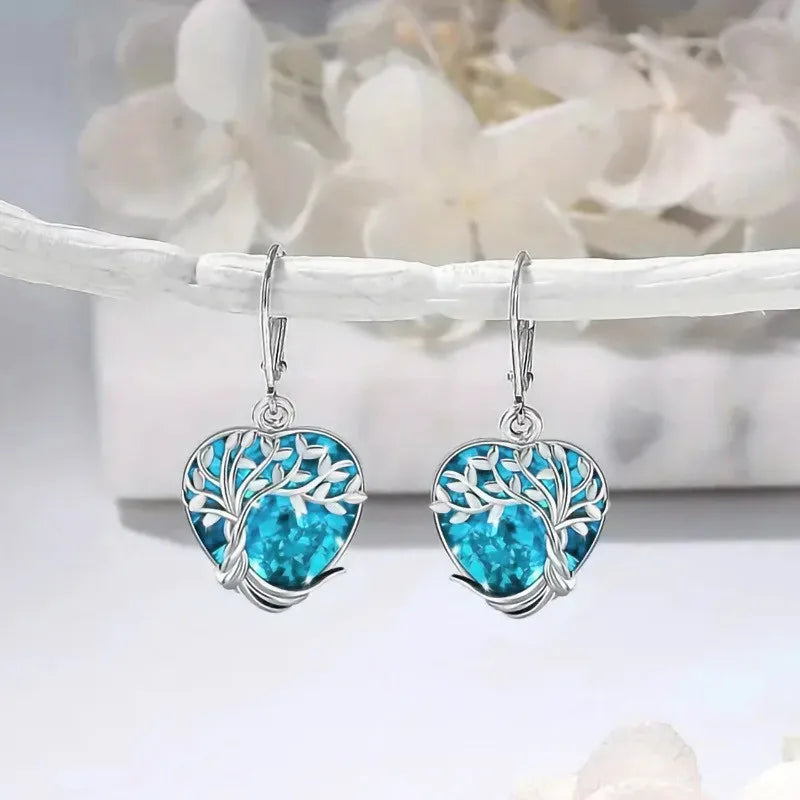 925 Sterling Silver Blue Crystal Heart Zircon Earrings For Woman Vintage Tree Shaped Engagement Charm Jewelry Gift