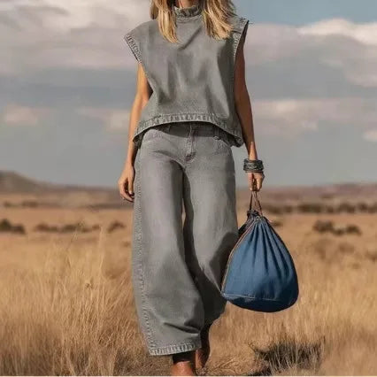 Denim Pant Set Women 2 Piece Sets Mock Neck Sleeveless Vests Wide Leg Pants Ankle Length Y2k Streetwear Vintage Washed Summer
