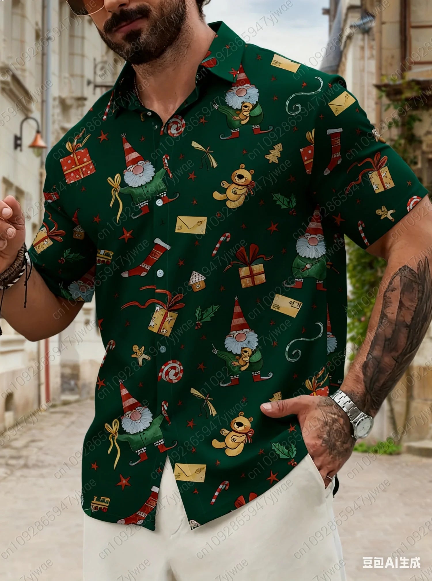 Christmas Santa Claus mens Graphic Print Short Sleeve Lapel Shirt Men's Casual Button-Down Shirts For Summer Daily Wear shirts