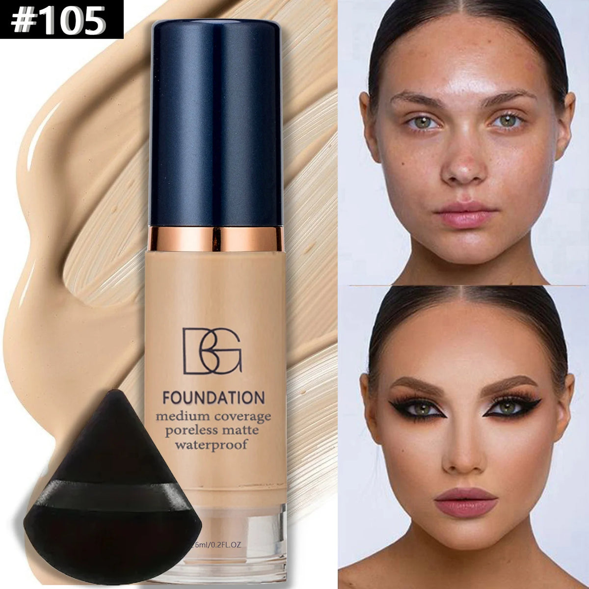 2Pcs Full Coverage Waterproof Liquid Foundation&Black Triangular Powder Puff-LongLasting Matte Finish Dark Circle&Blemish Cover