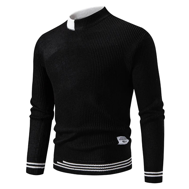 High Quality Men's New Autumn Winter Sweaters Casual Warm Mock Neck Pullovers Trend Color Blocking Design Men Sweaters Knit Tops