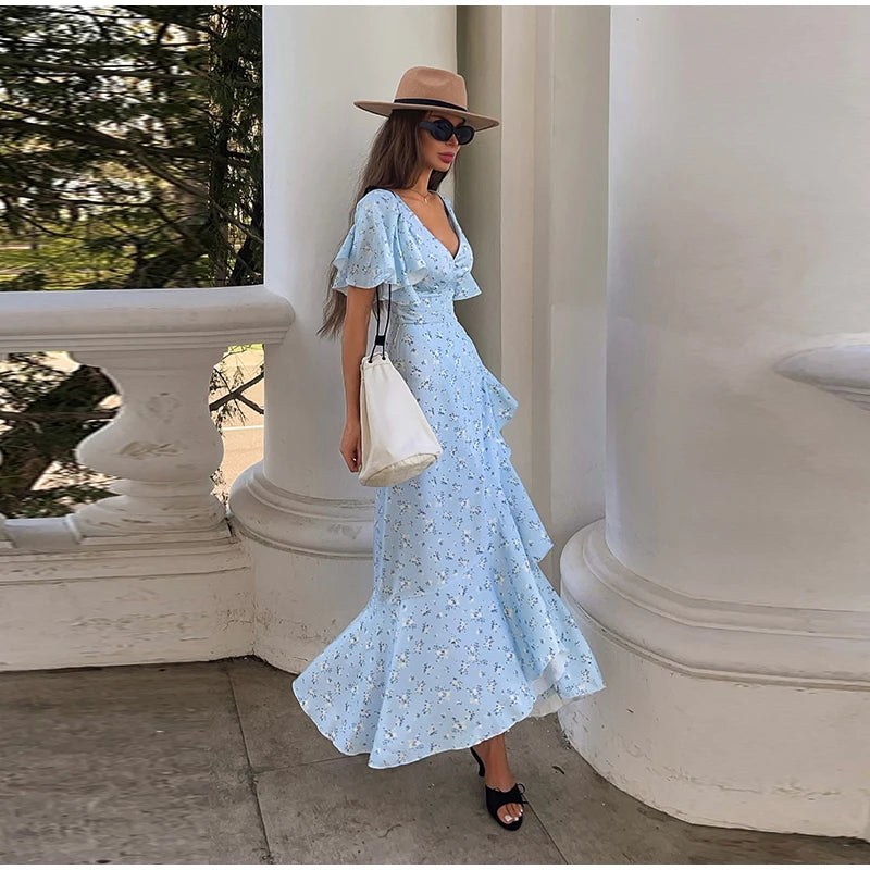 Elegant Print Women Long Dress Chic Ruffle Pleated Short Sleeve V-neck Waist-Closed Female Dresses 2026 Summer Beach Lady Robe