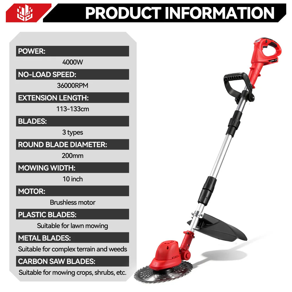 10Inch 4000W Brushless Electric Lawn Mower 36000RPM Grass Trimmer Length Adjustable Garden Tools For Makita 18V Battery Pins